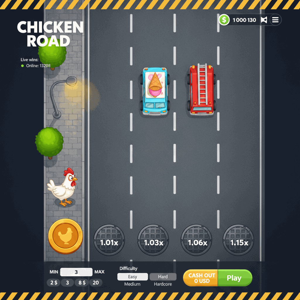 Chicken Road Crash-Spiel Spielbildschirm mit Huhn auf mehrspuriger Straße, Multiplikator-Anzeigen auf Fahrstreifen und Einsatzsteuerung am unteren Rand